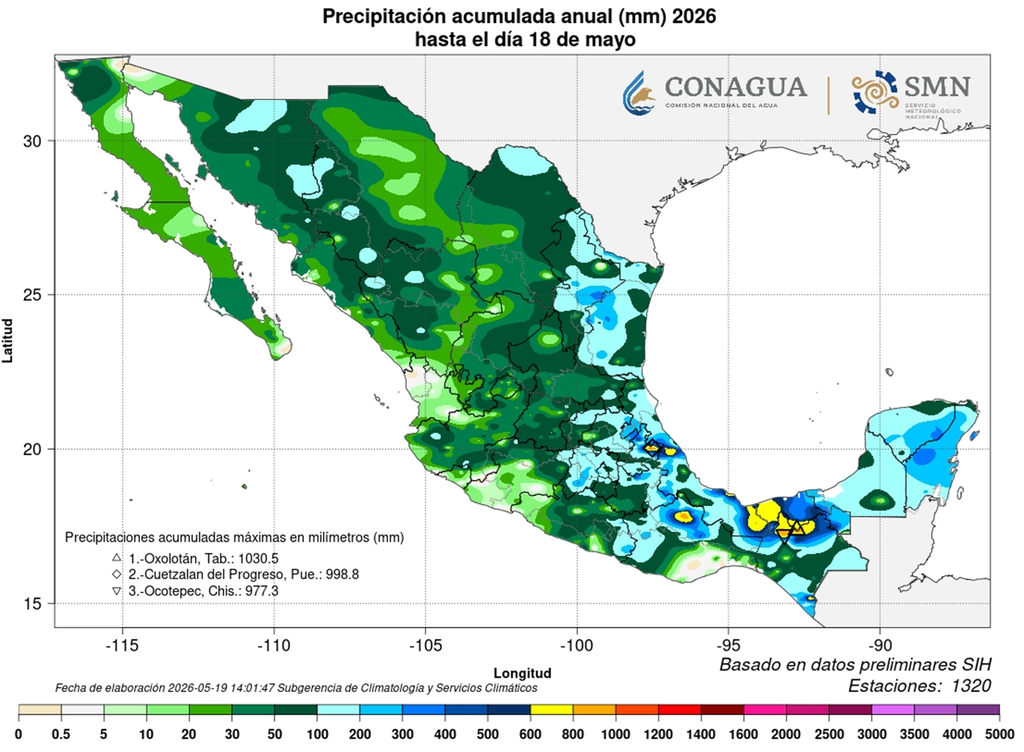 Acumulado de lluvias anual hasta el 18 de mayo de 2026 Las lluvias de los últimos años han beneficiado al territorio mexicano; 2026 está ligeramente inferior a lo habitual y se prevén tormentas intensas por temporada de lluvias.