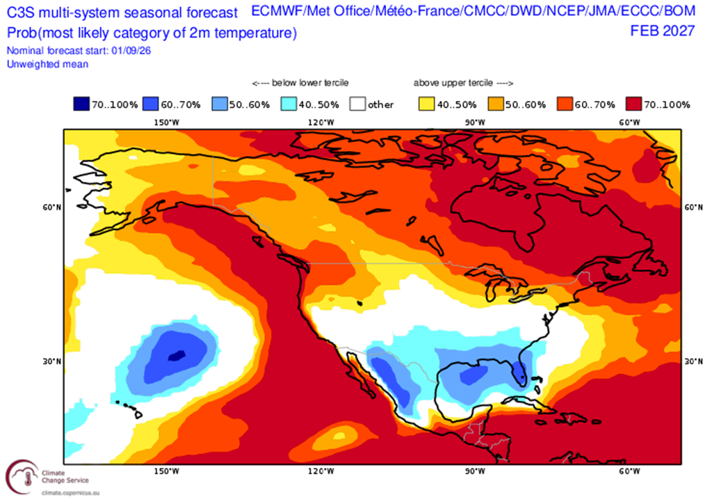 Pronóstico estacional Multi-Sistema C3S - Anomalía de temperatura El promedio de varios modelos a largo plazo, indican un invierno más frío en la mitad centro-norte de México, incluyendo el ECMWF, algo clásico de El Niño.