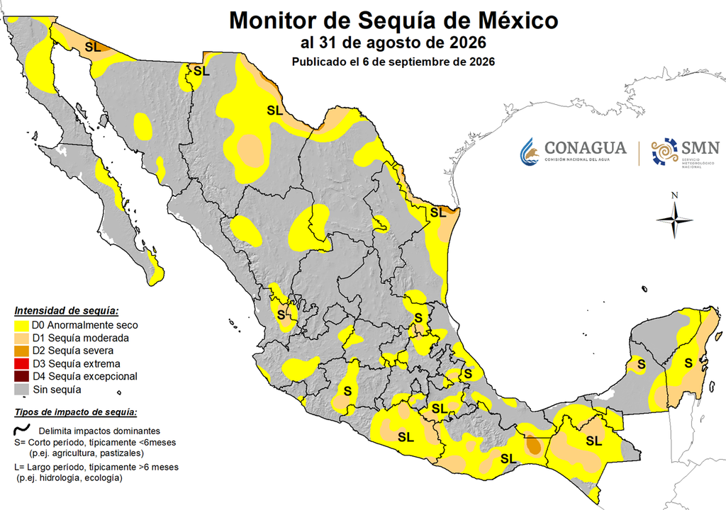 Monitor de Sequía al 31 de agosto de 2026. CONAGUA - SMN El Monitor de Sequía actualizado indica una extensión del 8.4 % a nivel nacional, resaltando el sureste y frontera norte de México por la Canícula de este verano, pero llegarán lluvias intensas.