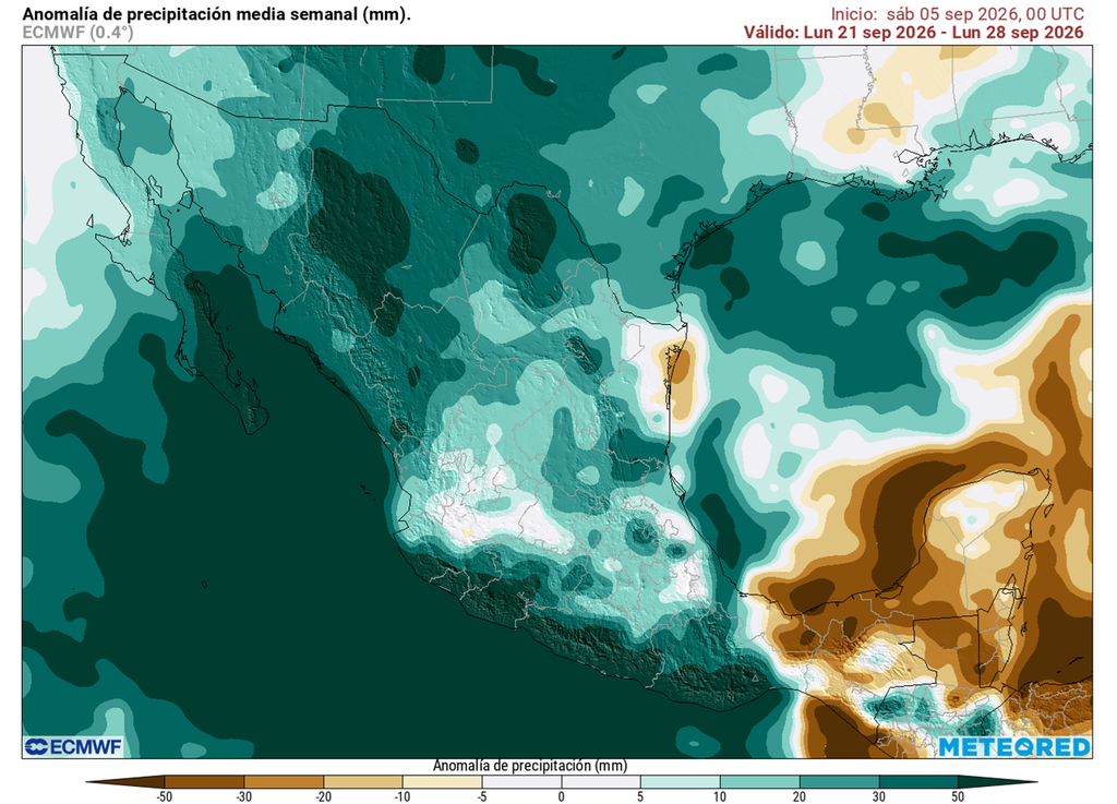 Anomalía de precipitaciones semanales en milímetros En la segunda quincena de septiembre, las lluvias pueden aumentar considerablemente en gran parte del país, excepto el sureste. Amenaza de ciclones y primeros frentes fríos tendríamos.