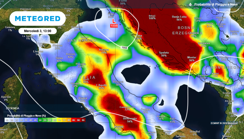 La probabilità di pioggia e temporali sarà elevata nel corso della giornata di oggi, mercoledì 3 giugno, anche al centro e al Sud.