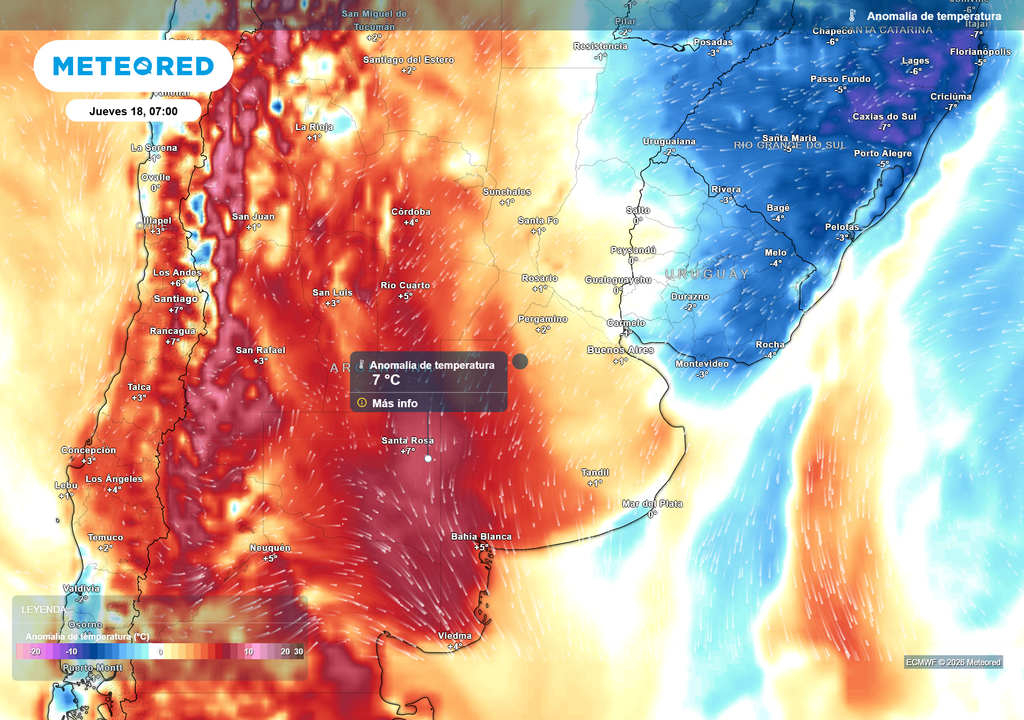 Anomalía de temperatura__Jueves 18 07 Anomalías de temperatura según el modelo ECMWF para este jueves 18 de Junio a las 7 h..