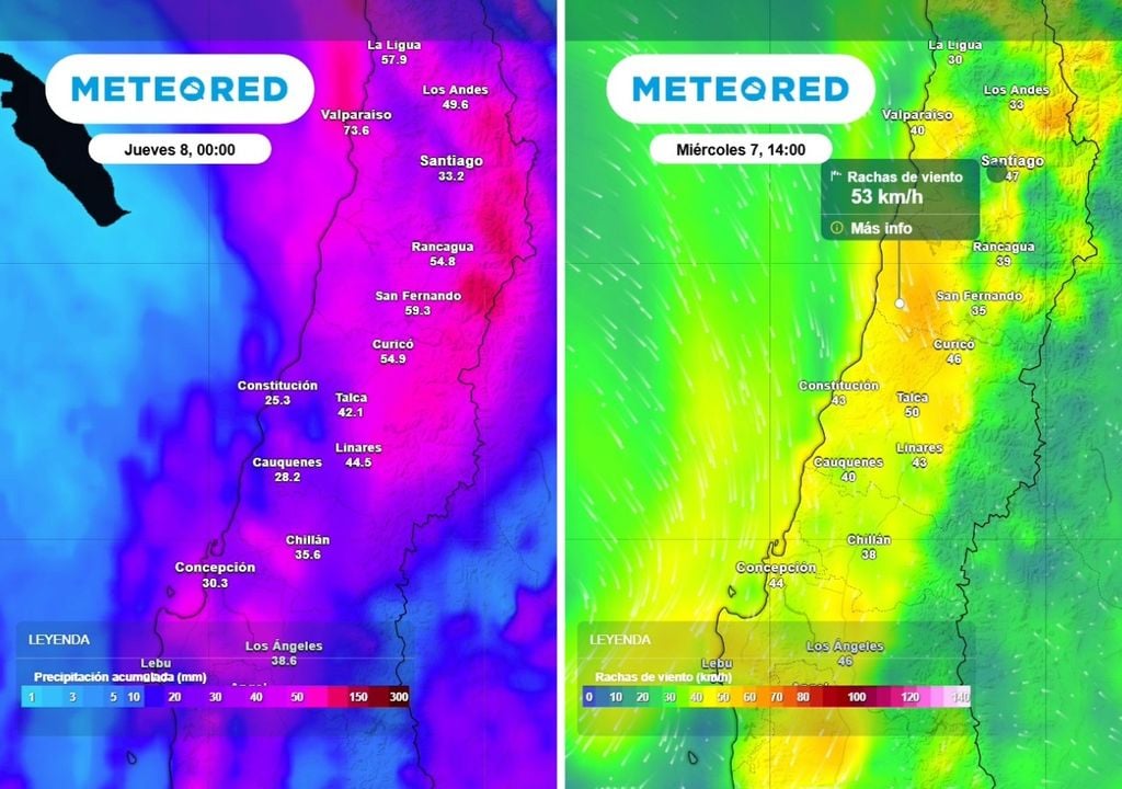 Los montos de lluvias acumuladas podrían superar los 100 mm en sectores precordilleranos y las rachas de vientos sobrepasar los 50 km/h.