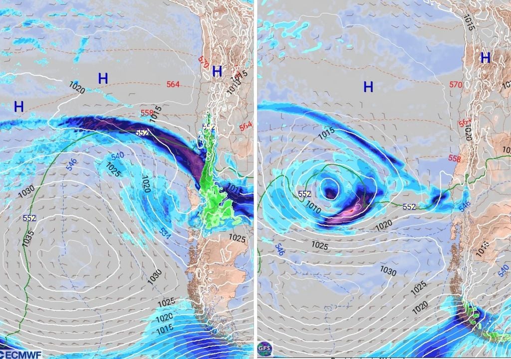 ECMWF y GFS Diferencias significativas: modelo europeo (imagen izquierda) prevé lluvias importantes en Santiago el próximo fin de semana y el GFS (imagen derecha) todo lo contrario.