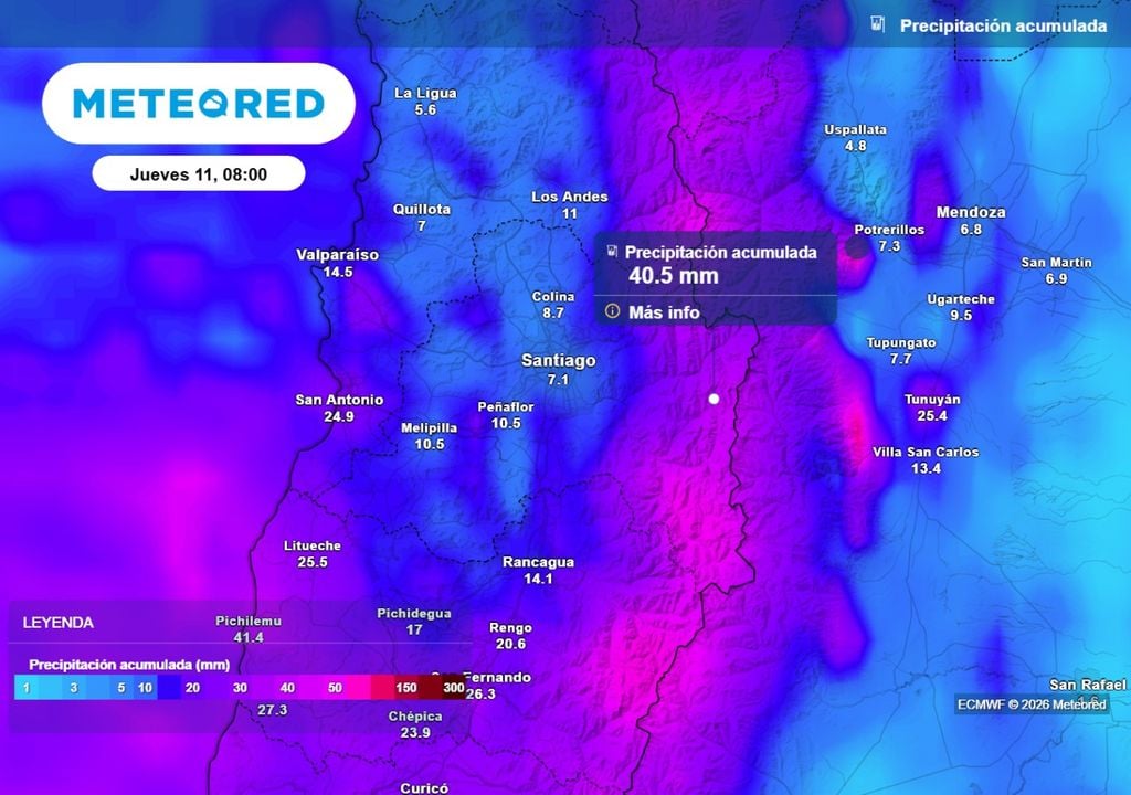 Acumulados ECMWF prevé cerca de 7 mm en el centro de Santiago, aunque lo más fuerte estará en la cordillera.