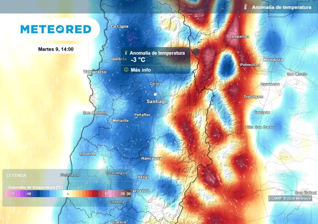Anomalías Mapas de anomalías térmicas del ECMWF indican valores bajo lo normal en la Región Metropolitana este martes.
