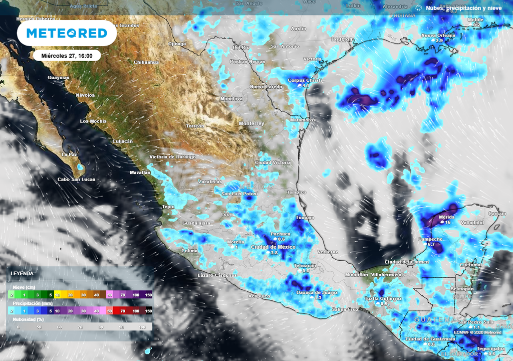 Pronóstico de lluvias, nubosidad y viento Las tormentas serán fuertes a intensas en el centro y sureste de México acompañadas de granizadas y ráfagas >50 km/h, ayudando a refrescar.