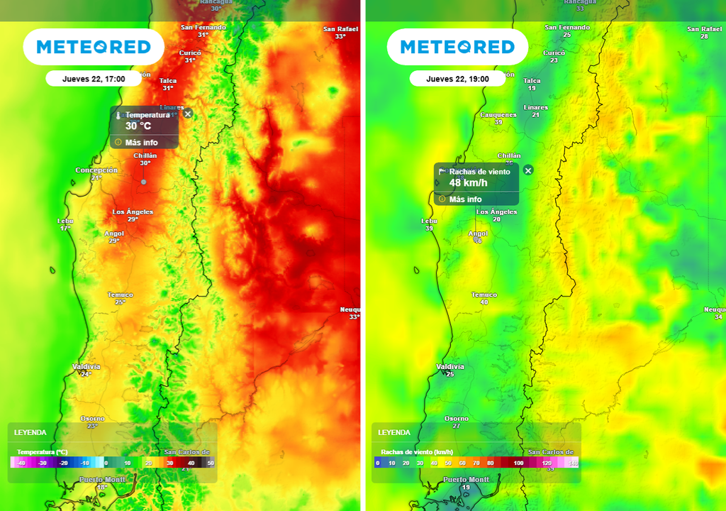 Temperatura máxima (°C) -imagen izquierda- y rachas de viento (km/h) -imagen derecha- para el jueves 22 de enero 2026 en Chile centro sur.