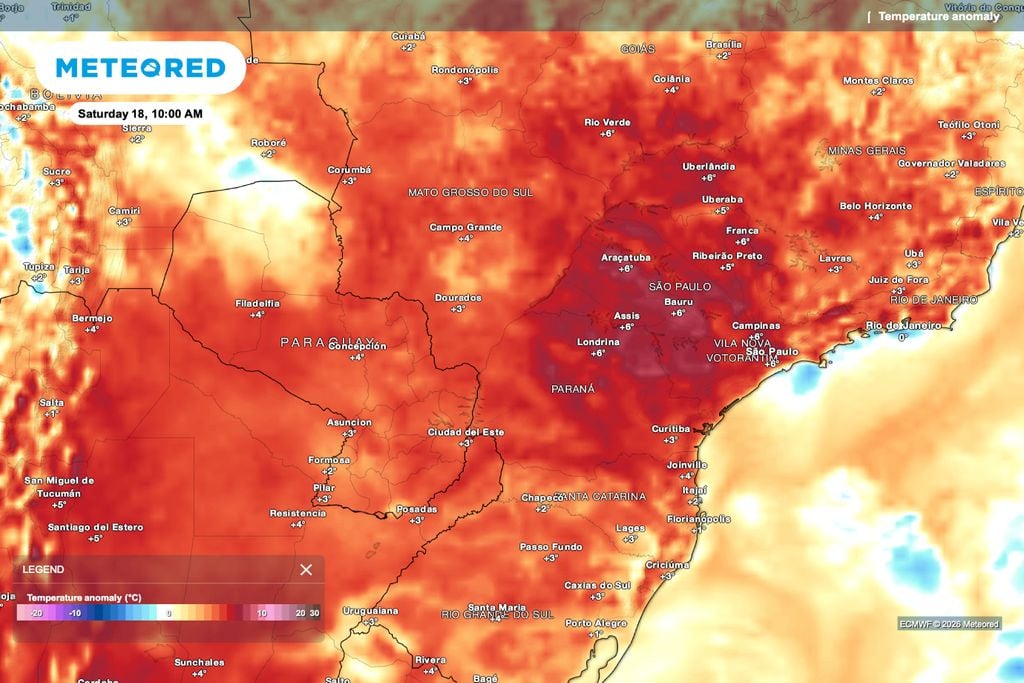 Anomalia de temperatura prevista para o Centro-Sul do Brasil, com calor acima da média concentrado sobre áreas produtoras de milho safrinha no Paraná e em Mato Grosso do Sul.