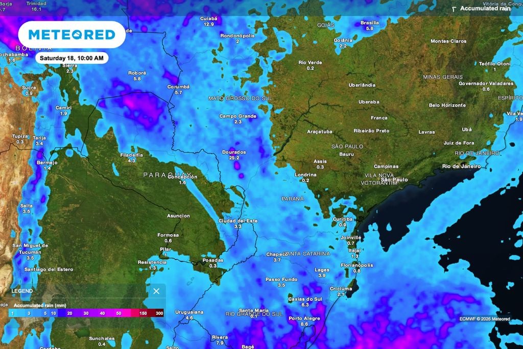 Chuva acumulada prevista para os próximos dias no Centro-Sul do Brasil, com baixos volumes sobre áreas produtoras do Paraná e de Mato Grosso do Sul, onde a falta de precipitação pode aumentar a pressão sobre o milho safrinha.