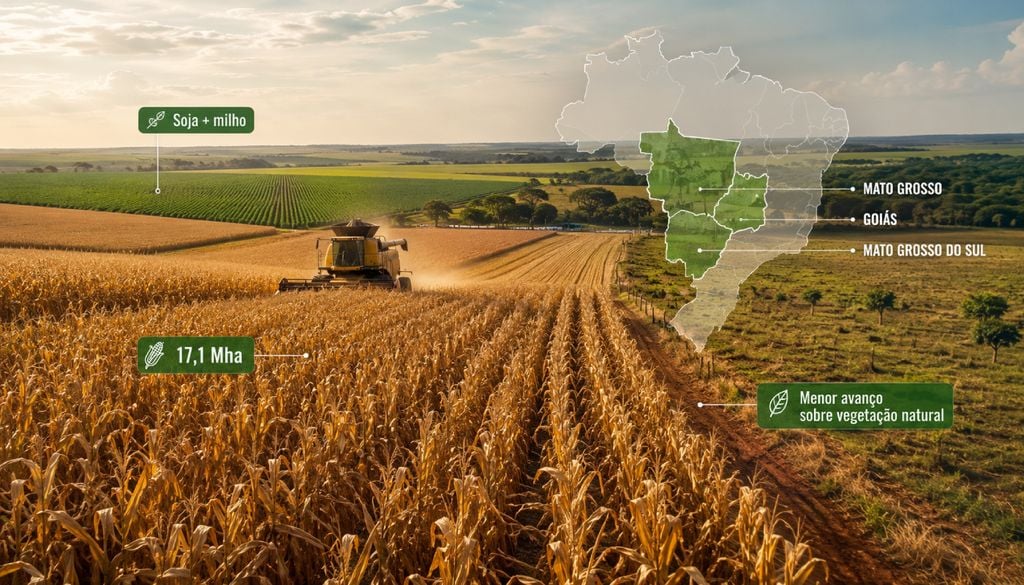 Solo, milho, nature, safrinha Práticas de manejo do solo, como maior cobertura vegetal e sistemas de dupla safra, ajudam a compensar parte das emissões associadas à mudança de uso da terra.