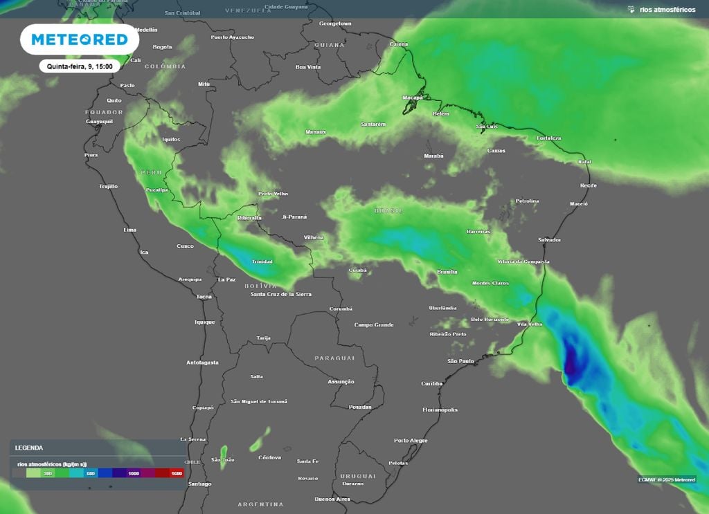 Previsão da presença de rios atmosféricos sobre o Brasil na tarde de quinta-feira (09).