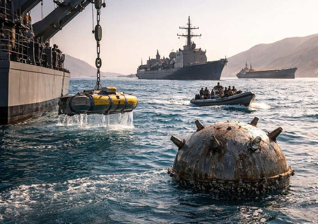 En el estrecho de Ormuz, actualmente tienen lugar operaciones navales para localizar y neutralizar minas marinas que amenazan las rutas clave del comercio mundial. Imagen generada con IA.