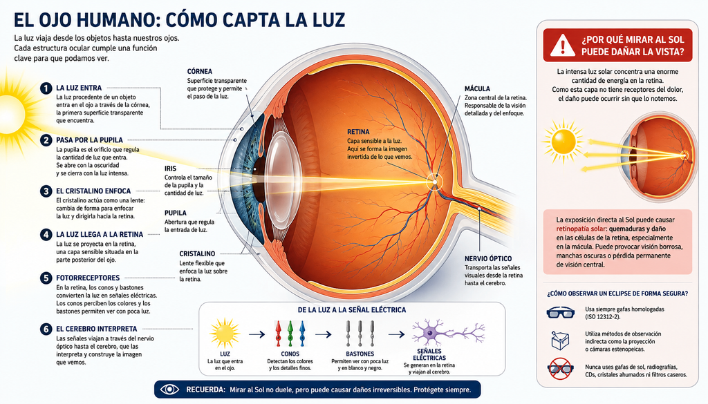 Anatomía del ojo humano y proceso físico y químico por el que capta la luz.