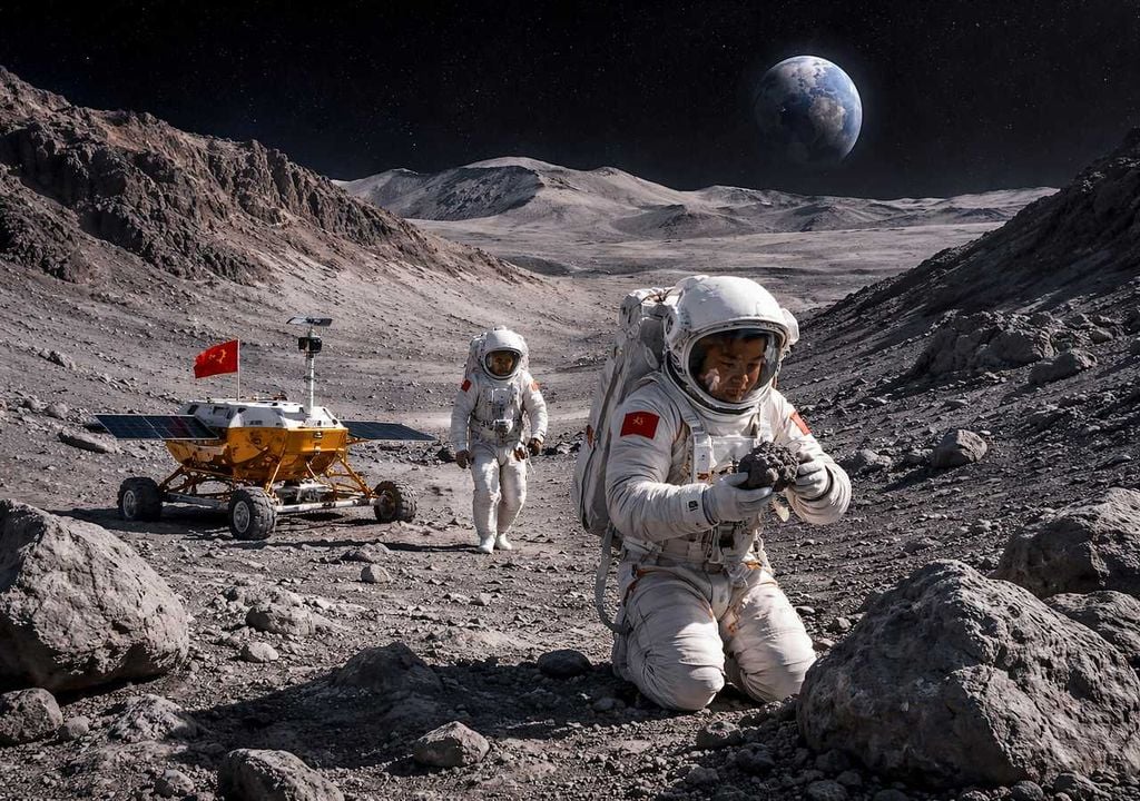 China prepara su primera misión tripulada a la Luna para 2030 y ya estudia cuatro posibles zonas de aterrizaje. Todas se encuentran en Rimae Bode, un área clave para analizar la historia geológica del satélite. Imagen: simulación realizada con IA.