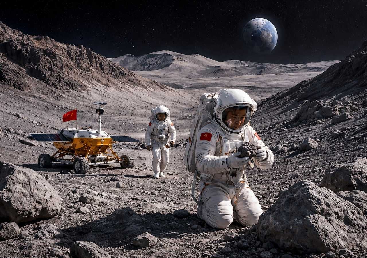 China prepara su primera misión tripulada a la Luna para 2030 y ya estudia cuatro posibles zonas de aterrizaje. Todas se encuentran en Rimae Bode, un área clave para analizar la historia geológica del satélite. Imagen: simulación realizada con IA.