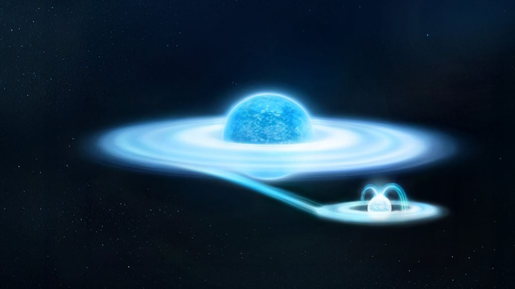 Esta ilustración artística muestra la superestrella gamma-Cas y su compañera, una enana blanca pequeña pero densa. ESA