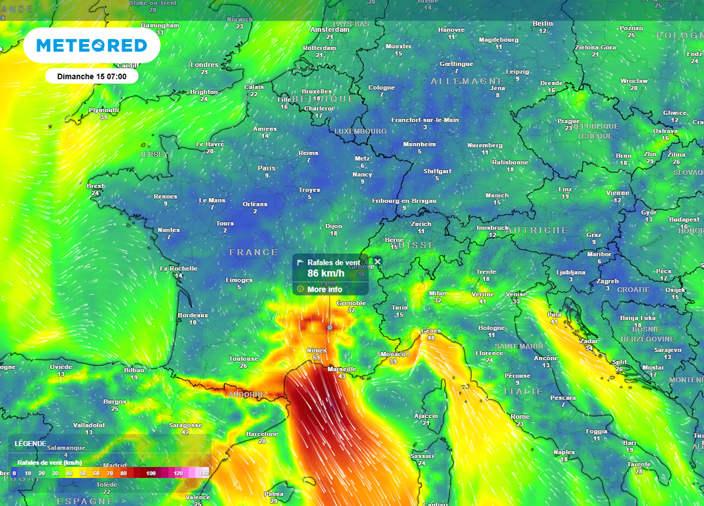 C'est surtout dimanche que le mistral sera sensible dans la vallée du Rhône, avec des rafales atteignant parfois les 90 km/h en début de matinée.