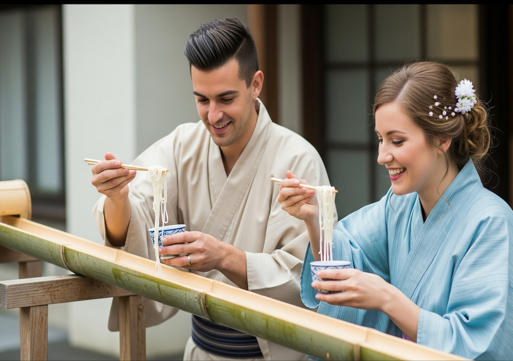 Nagashi Somen, Eiskalte Nudeln, Bambusrohre, Essstäbchen
