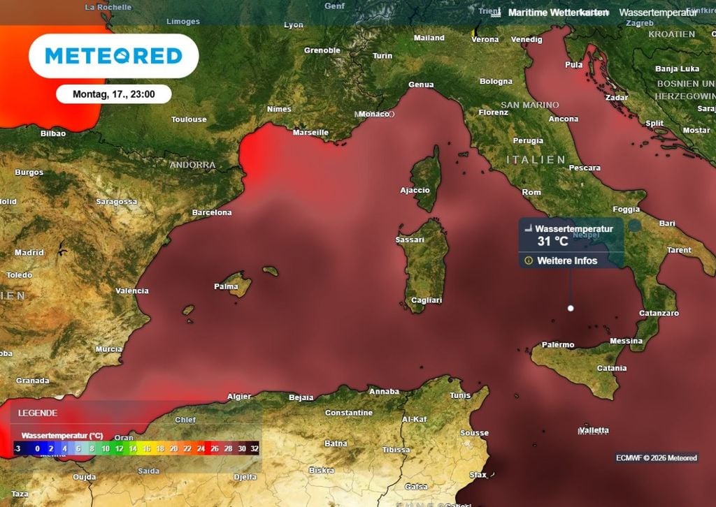 wassertemperaturen , mittelmeer, rekord Die aktuellen Wassertemperaturen liegen im Mittelmeerraum aktuell oft bei 30 Grad und mehr.