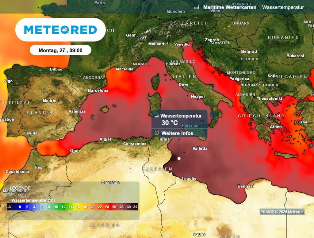 wasser, mittelmeer, heiss Das Mittelmeer hat schon Ende Juli Spitzenwerte bis zu 30 Grad! Damit ist die Wassertemperatur viel zu hoch für die aktuelle Jahreszeit.