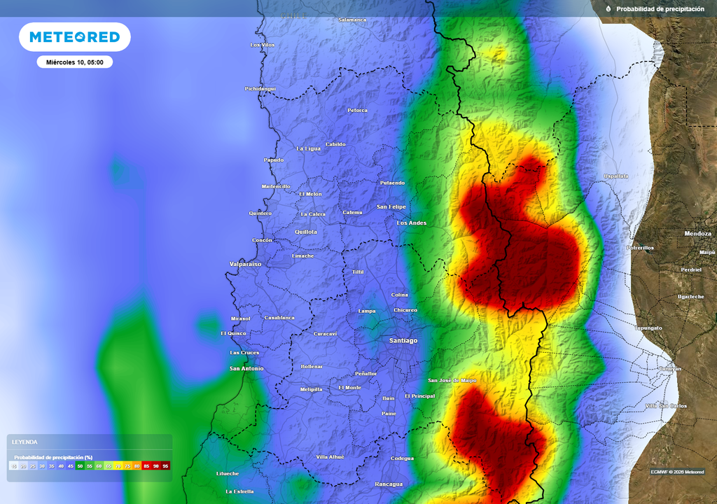 Se espera una mayor probabilidad de precipitaciones en el sur de la región y en sectores precordilleranos y cordilleranos.