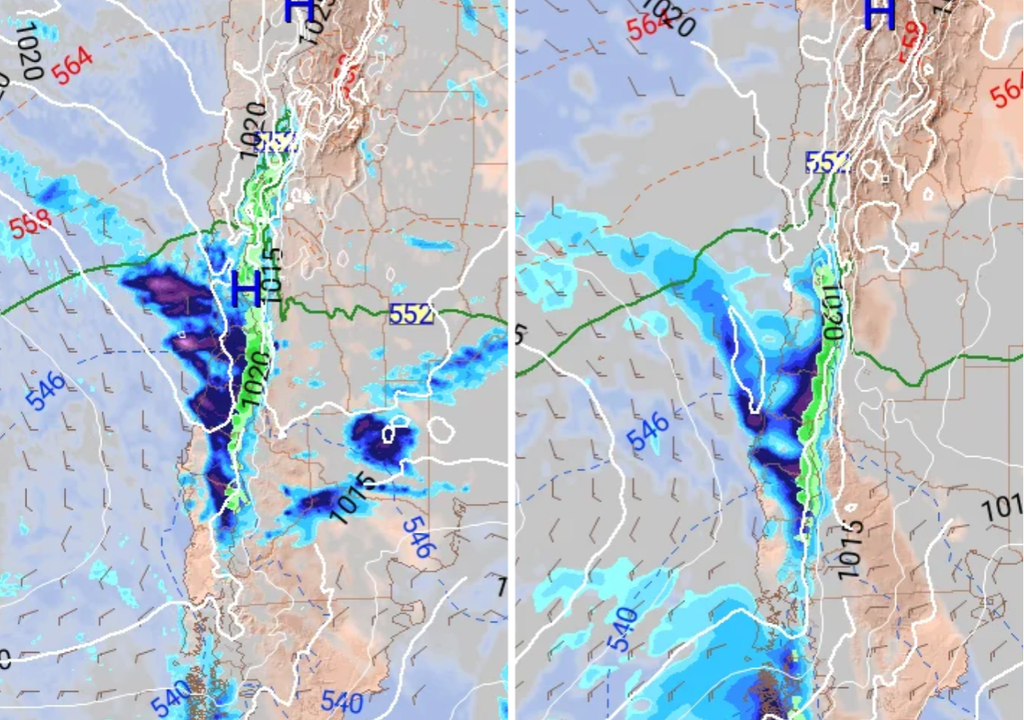 Los modelos ECMWF —izquierda— y GFS —derecha— ya dibujan el posible escenario de precipitaciones para el miércoles 10: lluvia, nubosidad y ambiente frío podrían marcar la jornada en el centro-norte del país.