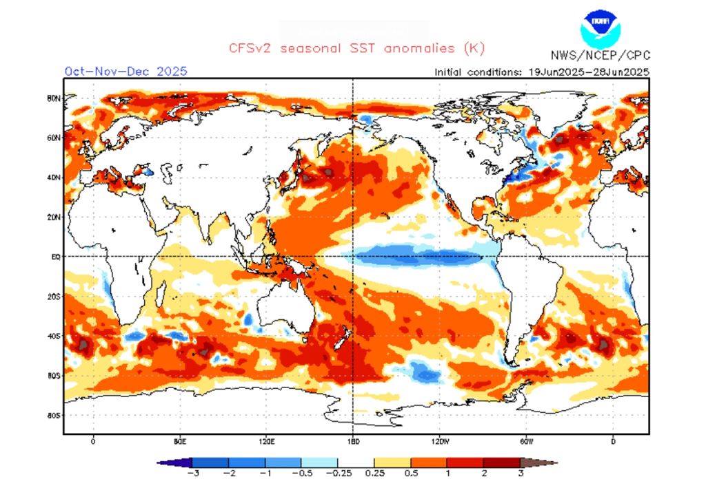 Previsão de anomalia de temperatura da superfície do mar do CVSv2 para o trimestre de Outubro-Novembro-Dezembro sugere formação de La Niña. Créditos: CPC/NCEP/NOAA.