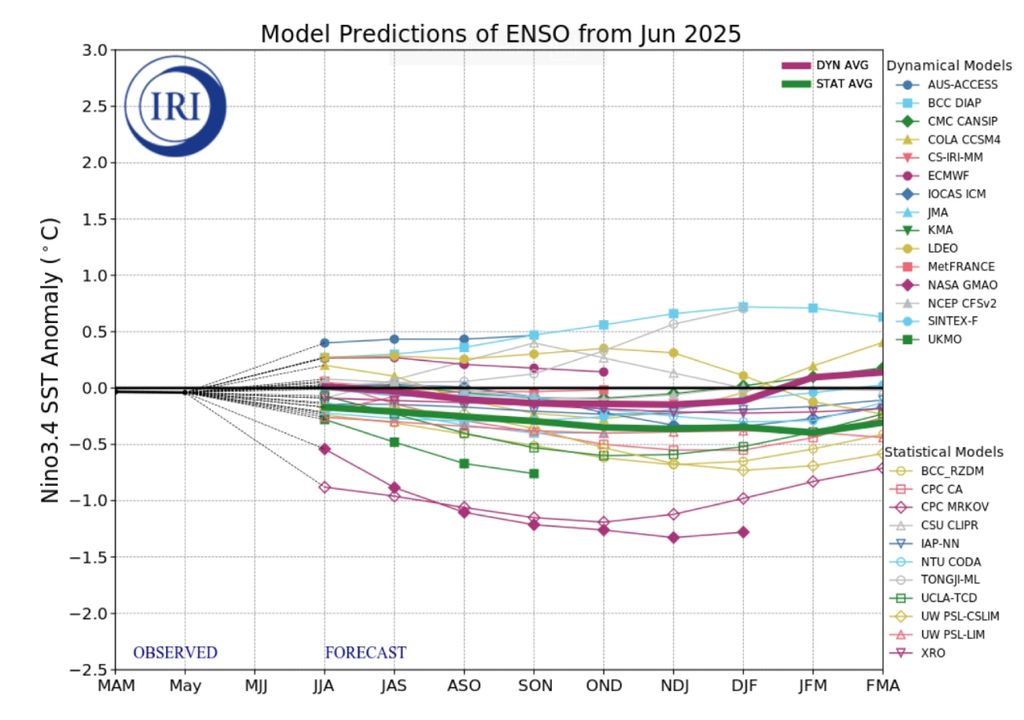 A média das previsões dos modelos climáticos para o fenômeno ENSO indicam manutenção da neutralidade até, pelo menos, meados de 2026. Créditos: CPC/NOAA.
