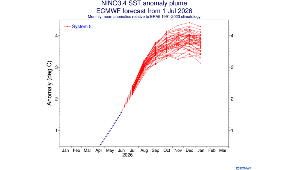 Previsão anomalia de TSM para a região do Niño 3.4 do modelo ECMWF iniciada em julho. Créditos: ECMWF.