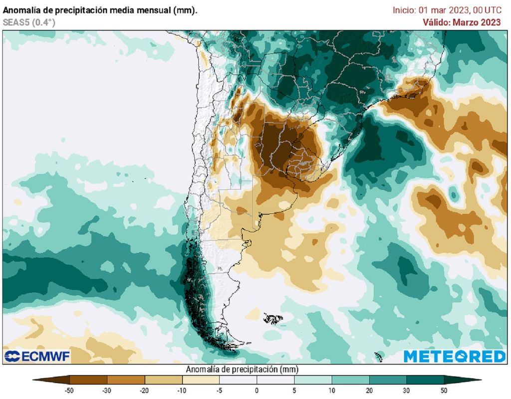 Modelo del ECMWF pronóstico anomalía de precipitación marzo 2023 Chile Modelo del ECMWF pronóstico anomalía de precipitación marzo 2023 Chile