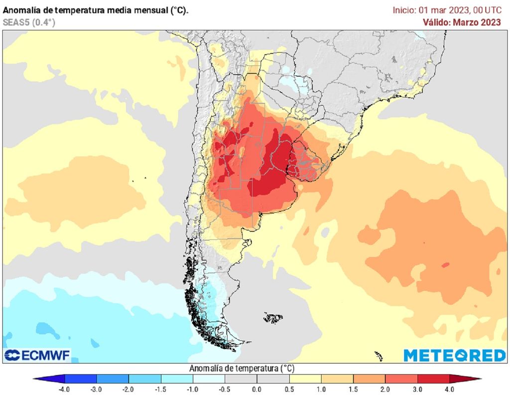 Modelo del ECMWF pronóstico anomalía temperatura del aire marzo 2023 Chile Modelo del ECMWF pronóstico anomalía temperatura del aire marzo 2023 Chile