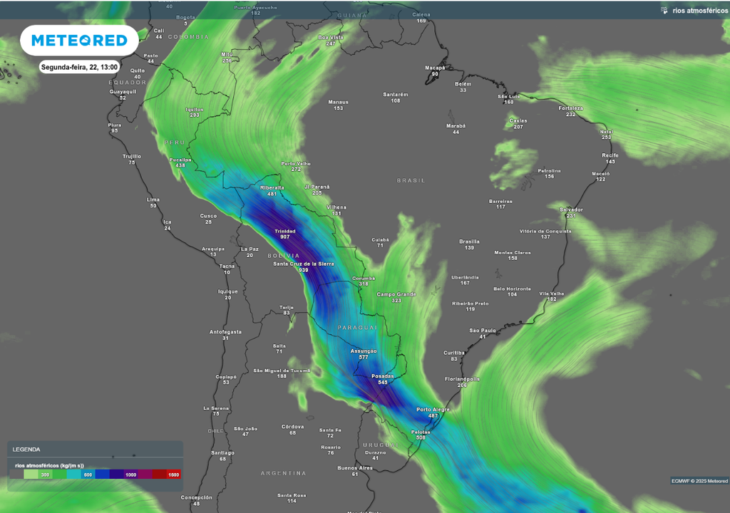 Previsão de rio atmosférico nesta segunda-feira (22), de acordo com o ECMWF.