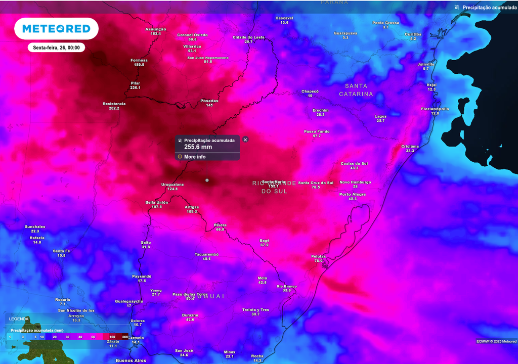 Previsão de chuva acumulada até o final da quinta-feira (25), de acordo com o ECMWF.