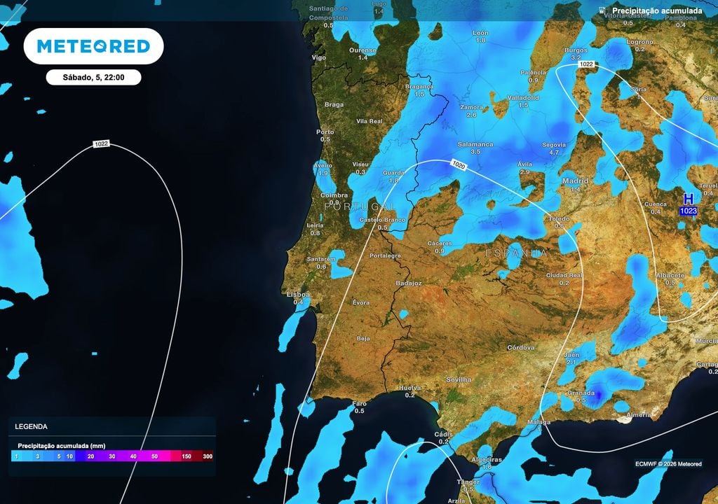 Até ao final de sábado, a precipitação deverá concentrar-se sobretudo nas regiões Norte e Centro, embora de forma irregular e pouco abundante. Entre os valores previstos pelo ECMWF destacam-se cerca de 1,9 mm em Aveiro, 1,8 mm na Guarda e 1,5 mm em Bragança.