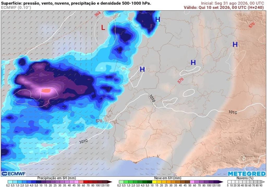 No início de quinta-feira, 10, a precipitação poderá alcançar o Noroeste de Portugal, associada à aproximação de uma frente atlântica. O Minho e o Douro Litoral surgem como as regiões mais expostas, embora a evolução permaneça incerta devido à distância temporal da previsão.