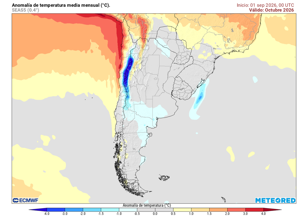 Anomalía mensual de temperatura (°C) para octubre 2026 en Chile. Sobre los valores climatológicos normales (tonos rojo), bajo los valores climatológicos normales (tonos azul) y en torno a los valores climatológicos normales (color gris).