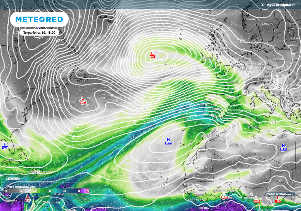 O rio atmosférico da próxima semana virá novamente da zona das Caraíbas, atingindo diretamente Portugal continental (primeiro ainda passará pelos Açores).