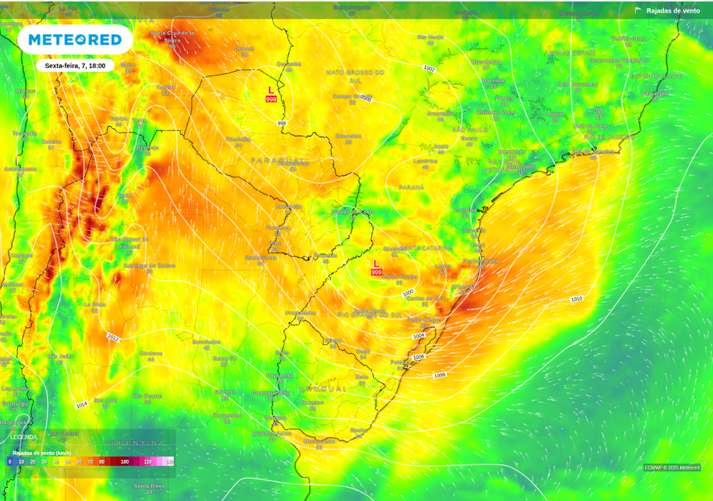Previsão de formação de ciclone sobre a Região Sul nesta sexta-feira (7), de acordo com o ECMWF.