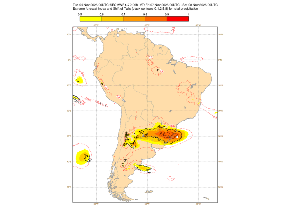 EFI do ECMWF para a precipitação nesta sexta-feira (7). Créditos: ECMWF.
