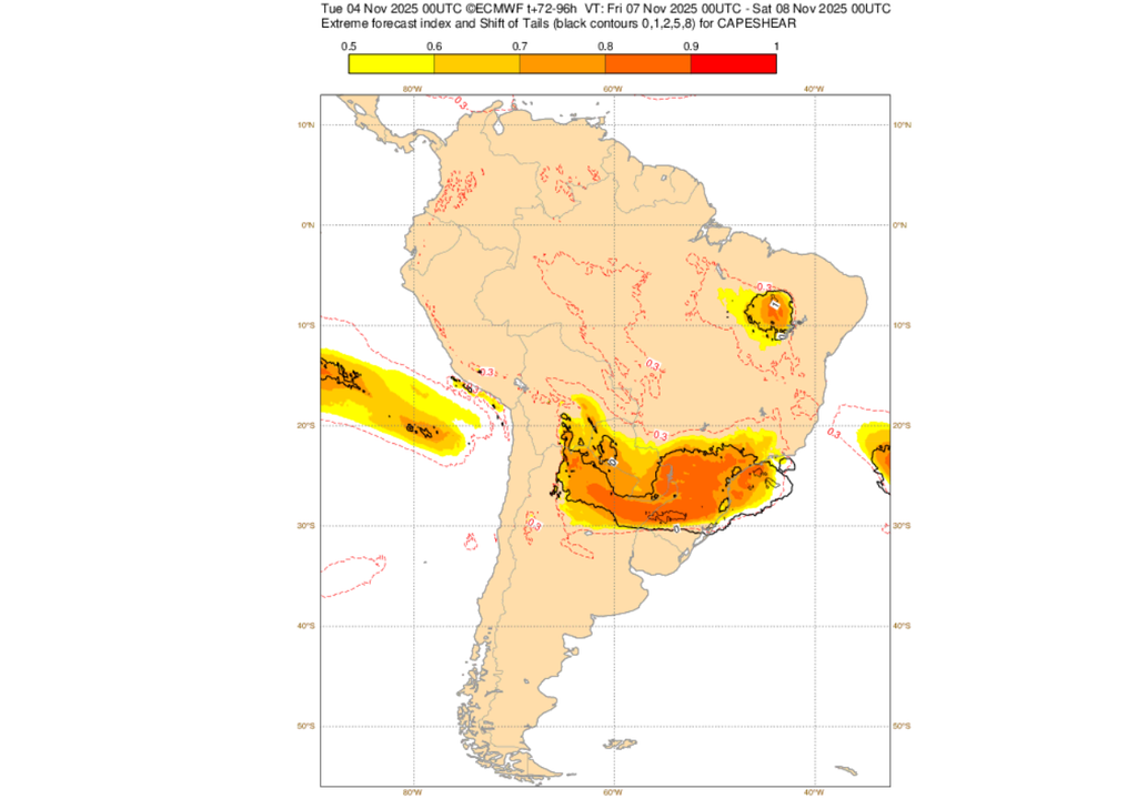 EFI do ECMWF para o CAPE nesta sexta-feira (7). Créditos: ECMWF.