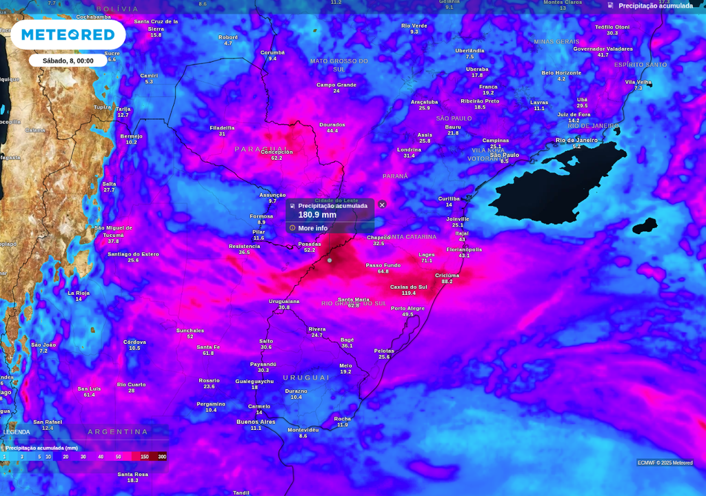 Previsão de chuva acumulada até o final da noite de sexta-feira (7), de acordo com o ECMWF.