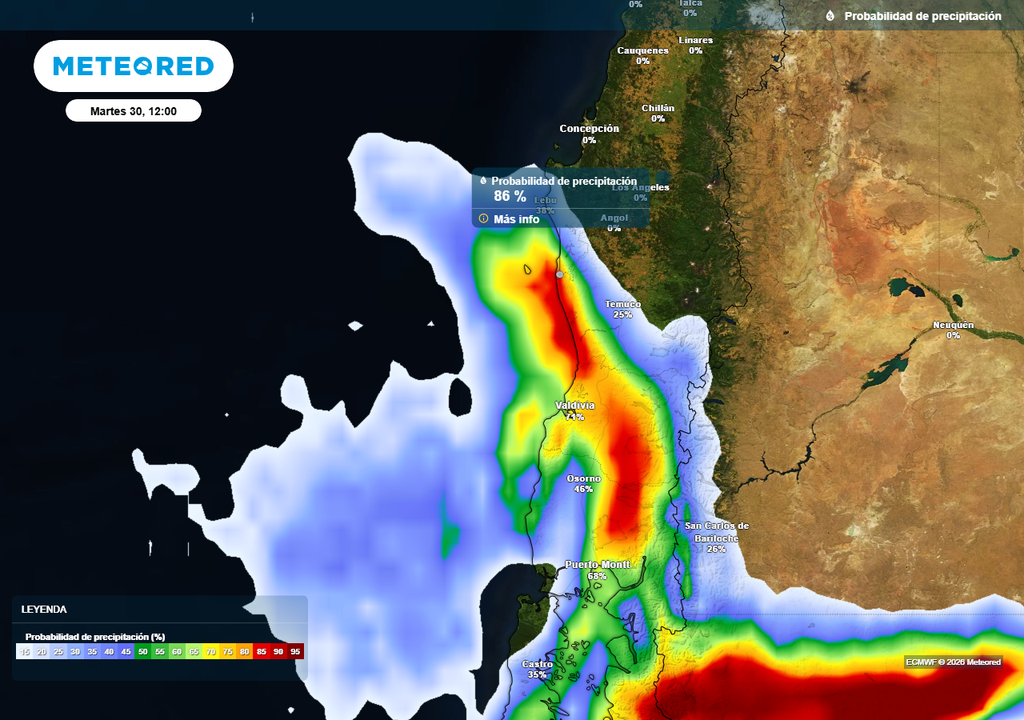 Probabilidad de precipitación (%) para el mediodía del martes 30 de junio 2026 en Chile centro-sur.