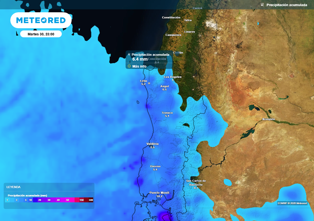 Precipitación acumulada (mm) hasta la noche del martes 30 de junio 2026 en Chile centro-sur.