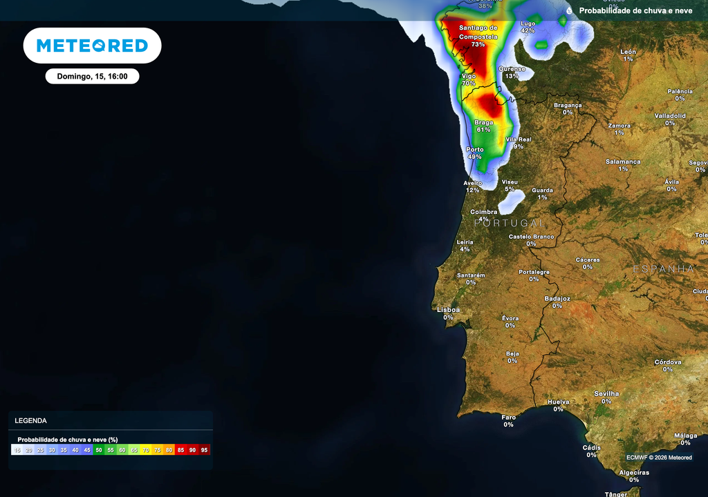 Probabilidade de chuva no domingo, com valores mais elevados no Norte, refletindo a influência de circulação de noroeste.