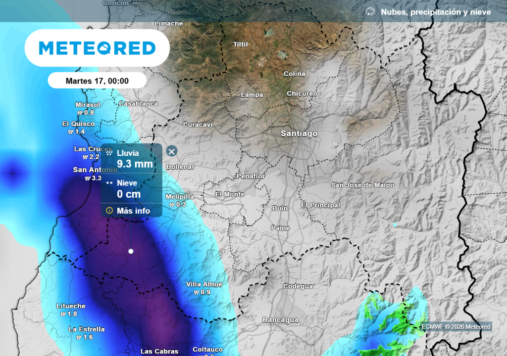 Modelo europeo muestra instensas precipitaciones al suroeste de la Región Metropolitana: más de 5 mm por hora