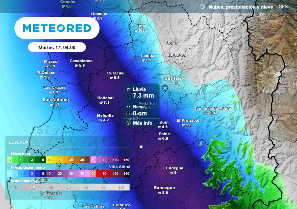 Durante la madrugada del próximo martes el modelo norteamericano GFS indica lluvias que alcanzarían Santiago.