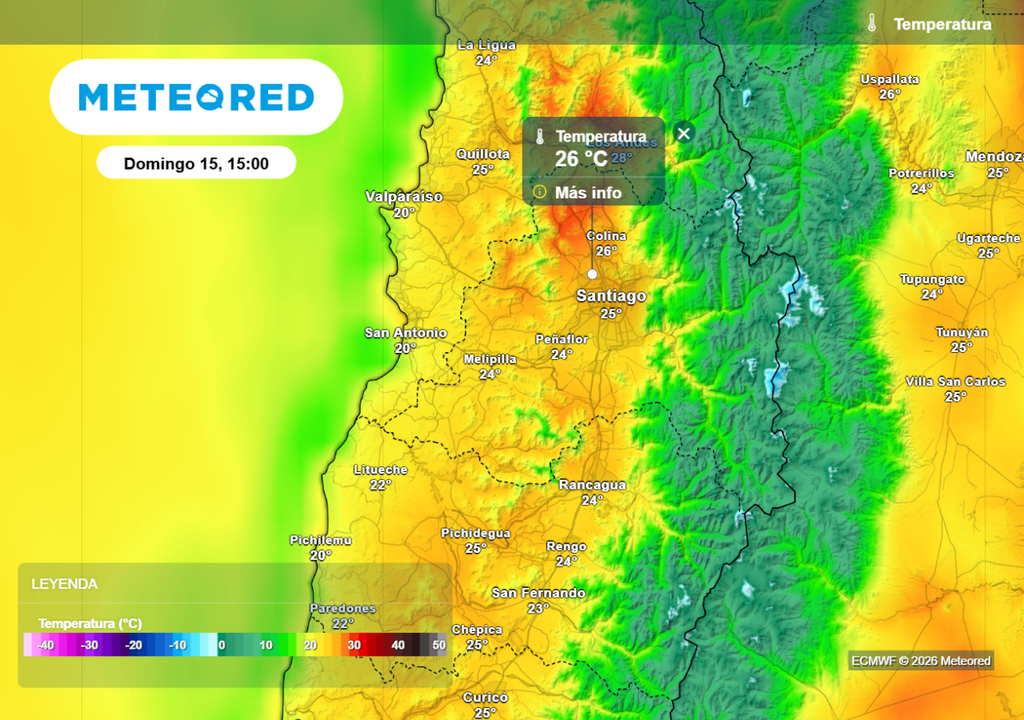 Este domingo las máximas rondarían los 26 °C en la capital chilena según el ECMWF.