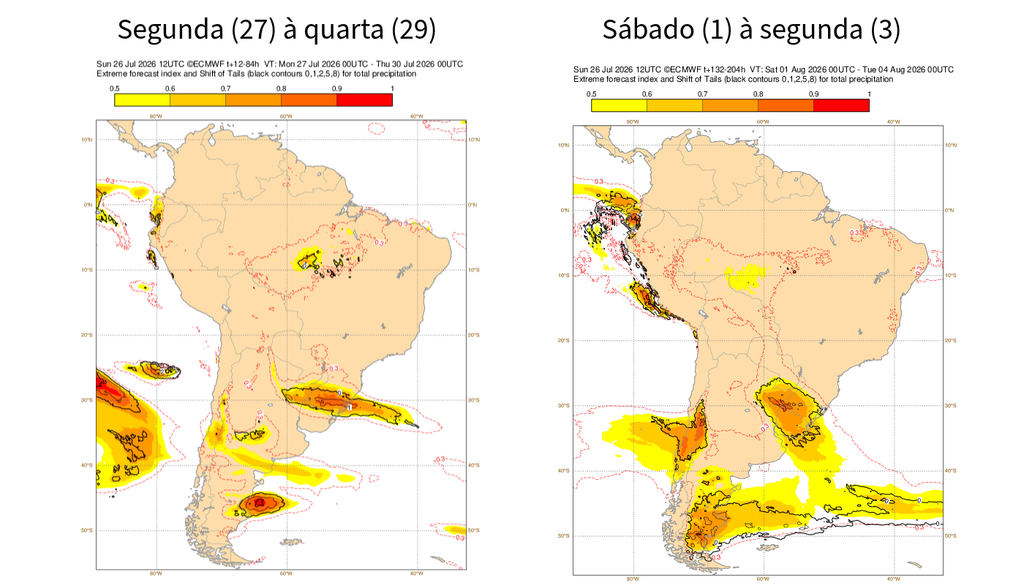Índice de previsão extrema do modelo ECMWF alerta para 2 episódios de chuvas intensas à extremas sobre o Sul do Brasil. Créditos: Meteored, com mapas o ECMWF. Índice de previsão extrema do modelo ECMWF alerta para 2 episódios de chuvas intensas à extremas sobre o Sul do Brasil. Créditos: Meteored, com mapas o ECMWF. Índice de previsão extrema do modelo ECMWF alerta para 2 episódios de chuvas intensas à extremas sobre o Sul do Brasil. Créditos: Meteored, com mapas o ECMWF.