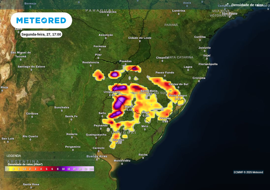 Previsão de tempestades nesta segunda-feira (27), segundo o ECMWF. Previsão de tempestades nesta segunda-feira (27), segundo o ECMWF.